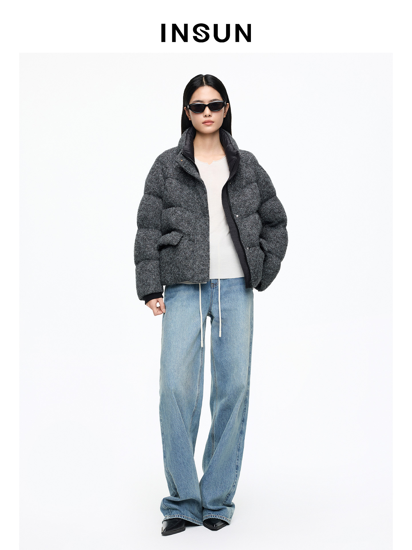 INSUN恩裳专选2026春季立领插肩袖肌理感短款羽绒服9C66108550