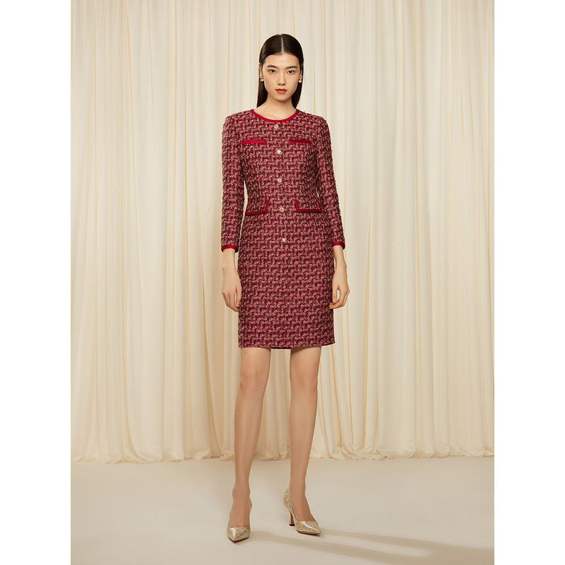 【歌特批款仅限活动期间,不参加高单】SongofSong歌中歌2023春季新款枣红小香风钉珠纽扣连衣裙5C63105560