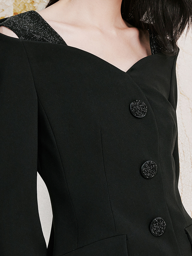 OBBLIGATO奥丽嘉朵2026秋冬季新款三醋酸露肩领烫钻黑色西装上衣1C36570130