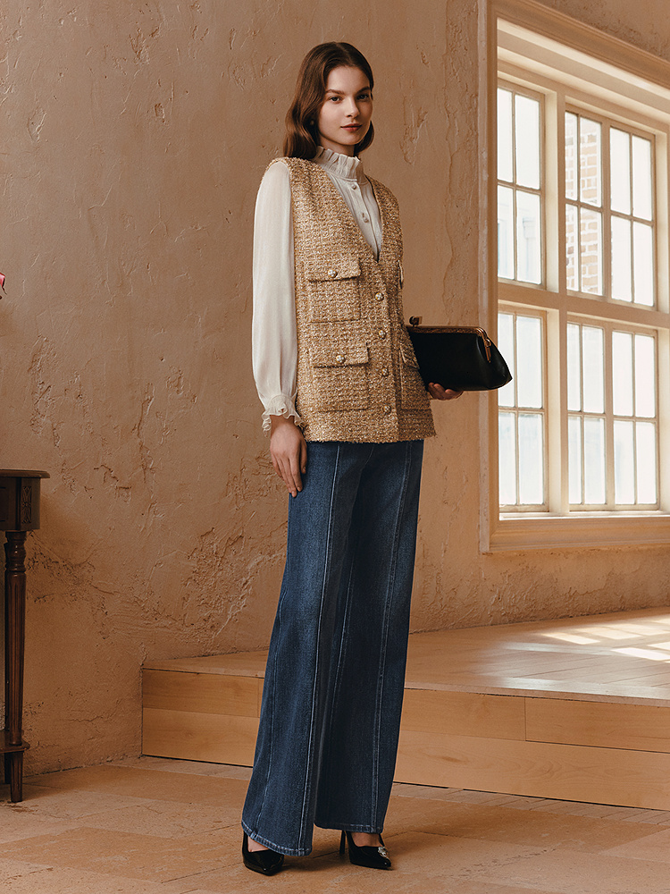 OBBLIGATO奥丽嘉朵2026春新款桑蚕丝内衬金色粗花呢v领小香风马甲1C36101040