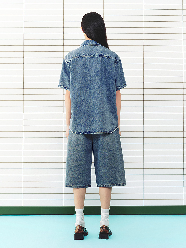 ToyzY2026夏新款彩色纽扣绣花宽松百搭莱赛尔棉牛仔短袖衬衫ZC36230550