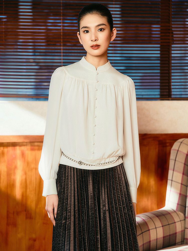 【1996系列】YINER音儿2025冬季新款法式褶艺真丝弹力重绉衬衫