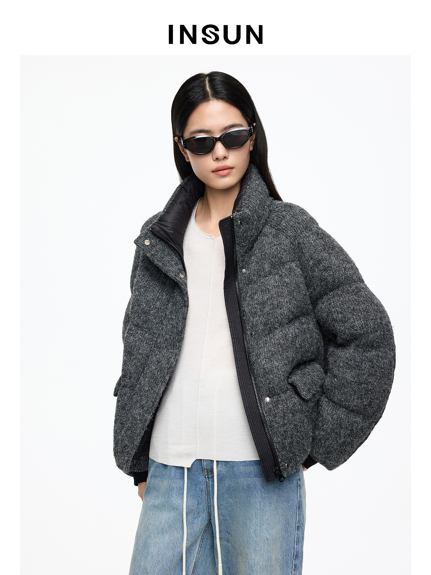 INSUN恩裳专选2026春季立领插肩袖肌理感短款羽绒服9C66108550