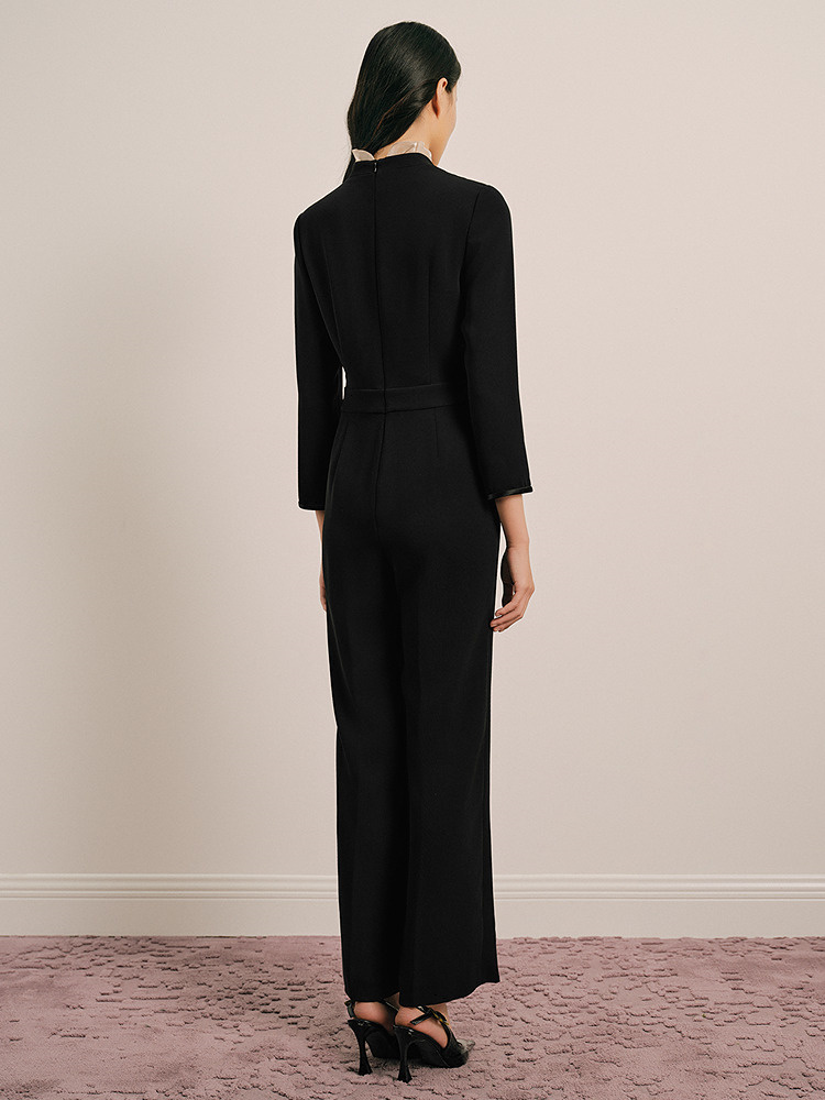 OBBLIGATO奥丽嘉朵2025春季金标黑色荷叶边领口狮子元素中古扣连体裤1C35102080