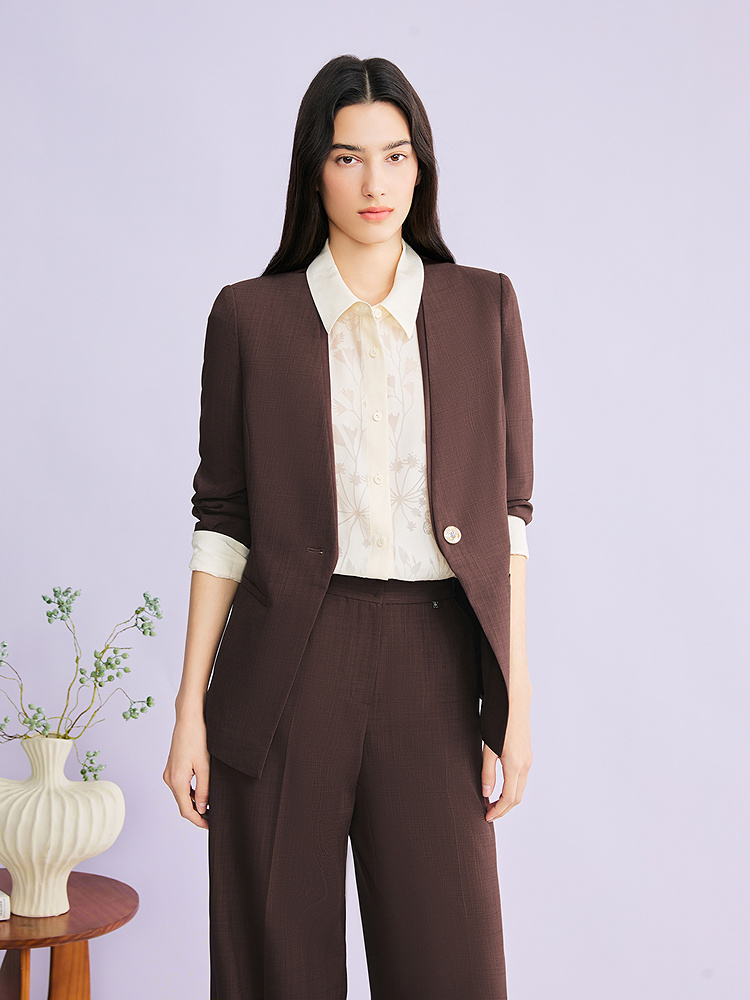 YINER音儿2026夏季新款时尚通勤深V领醋酸拼接缎面一粒扣修身西装8C36210320