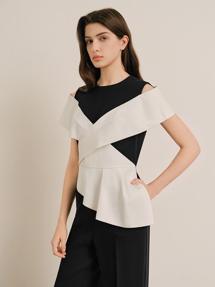 OBBLIGATO奥丽嘉朵专选2025夏季新品黑色圆领撞色拼接荷叶边连体服1C65202060