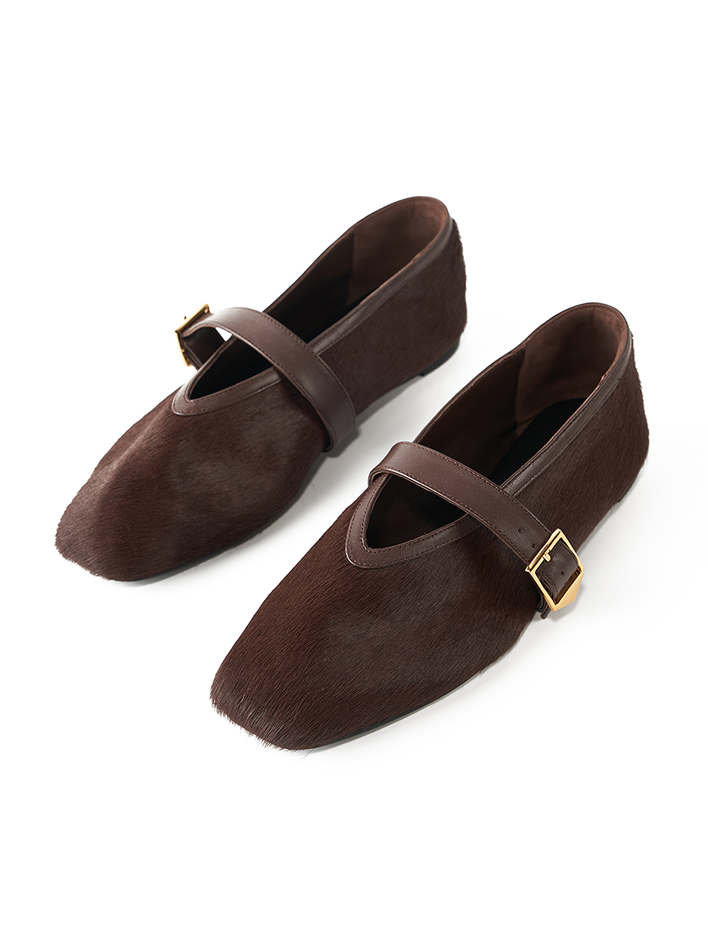 COVERINS2026新款深咖色马毛真皮平底单鞋女芭蕾舞鞋CC36192010