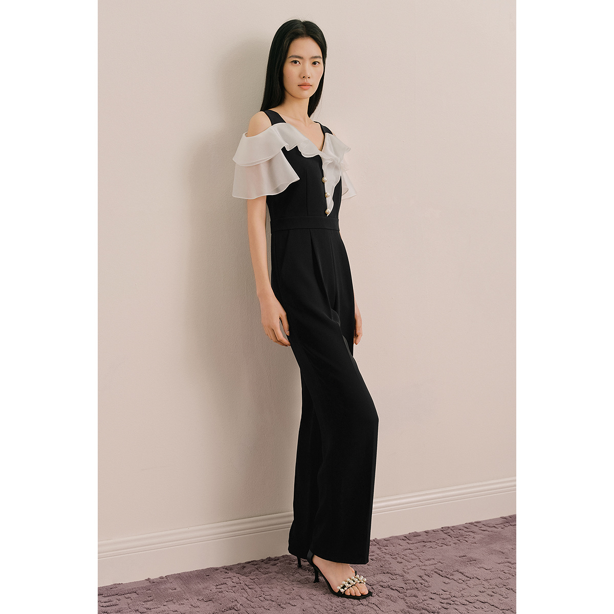 OBBLIGATO奥丽嘉朵2025夏季新品吊带荷叶边撞色拼接连体服1C65202020