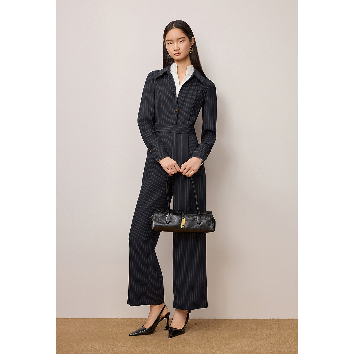 OBBLIGATO奥丽嘉朵2025秋季新品藏蓝条纹撞色高级商务连体裤1C35302030