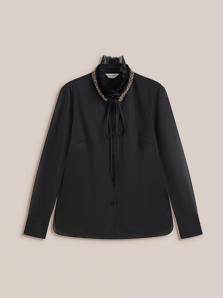 OBBLIGATO奥丽嘉朵2026秋季新款韩国进口水光纱荷叶领钉珠衬衫1C36330090