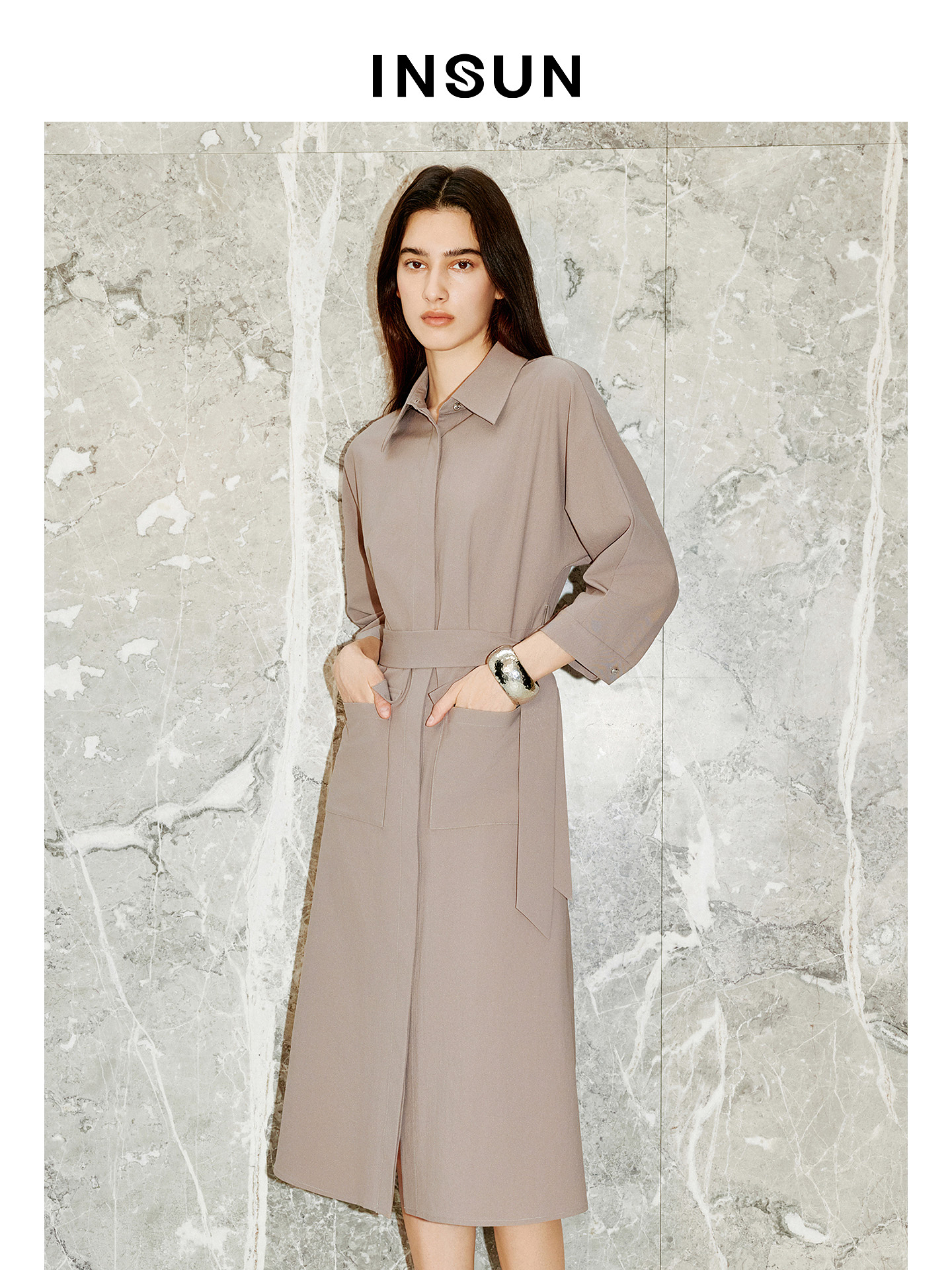 INSUN恩裳专选2026春季斜纹衬衫式廓形醋酸长款连衣裙9C66105010
