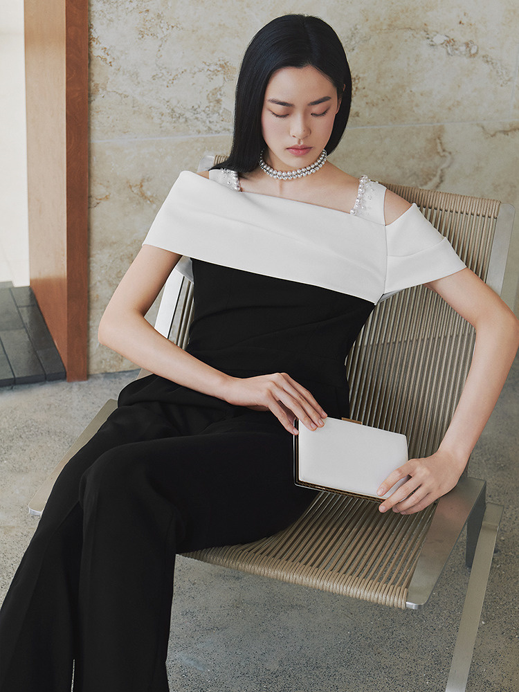 OBBLIGATO奥丽嘉朵2026夏季新款黑白撞色露肩钉珠收腰阔腿连体裤1C66202020