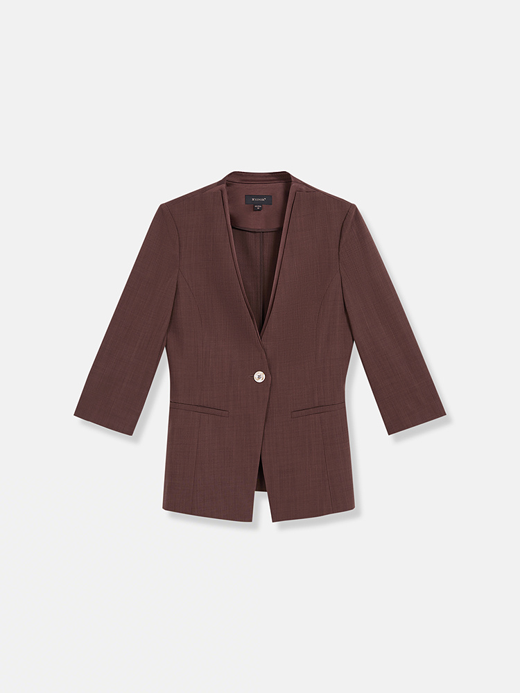 YINER音儿2026夏季新款时尚通勤深V领醋酸拼接缎面一粒扣修身西装8C36210320