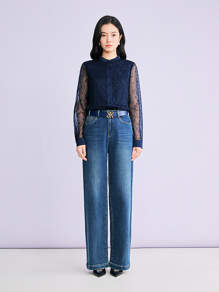 YINER音儿专选2026春季新款时尚通勤肌理感重工蕾丝刺绣立领衬衫8C66130016