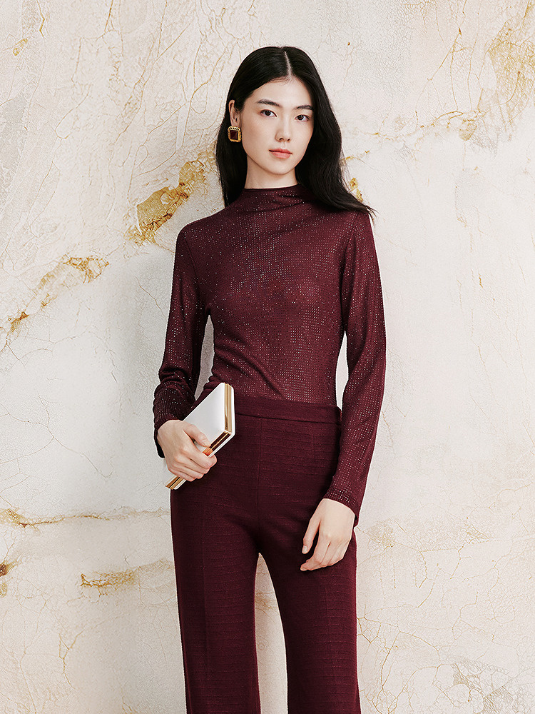 OBBLIGATO奥丽嘉朵2026秋冬季新款酒红色长袖内搭针织打底衫上衣1C36506160