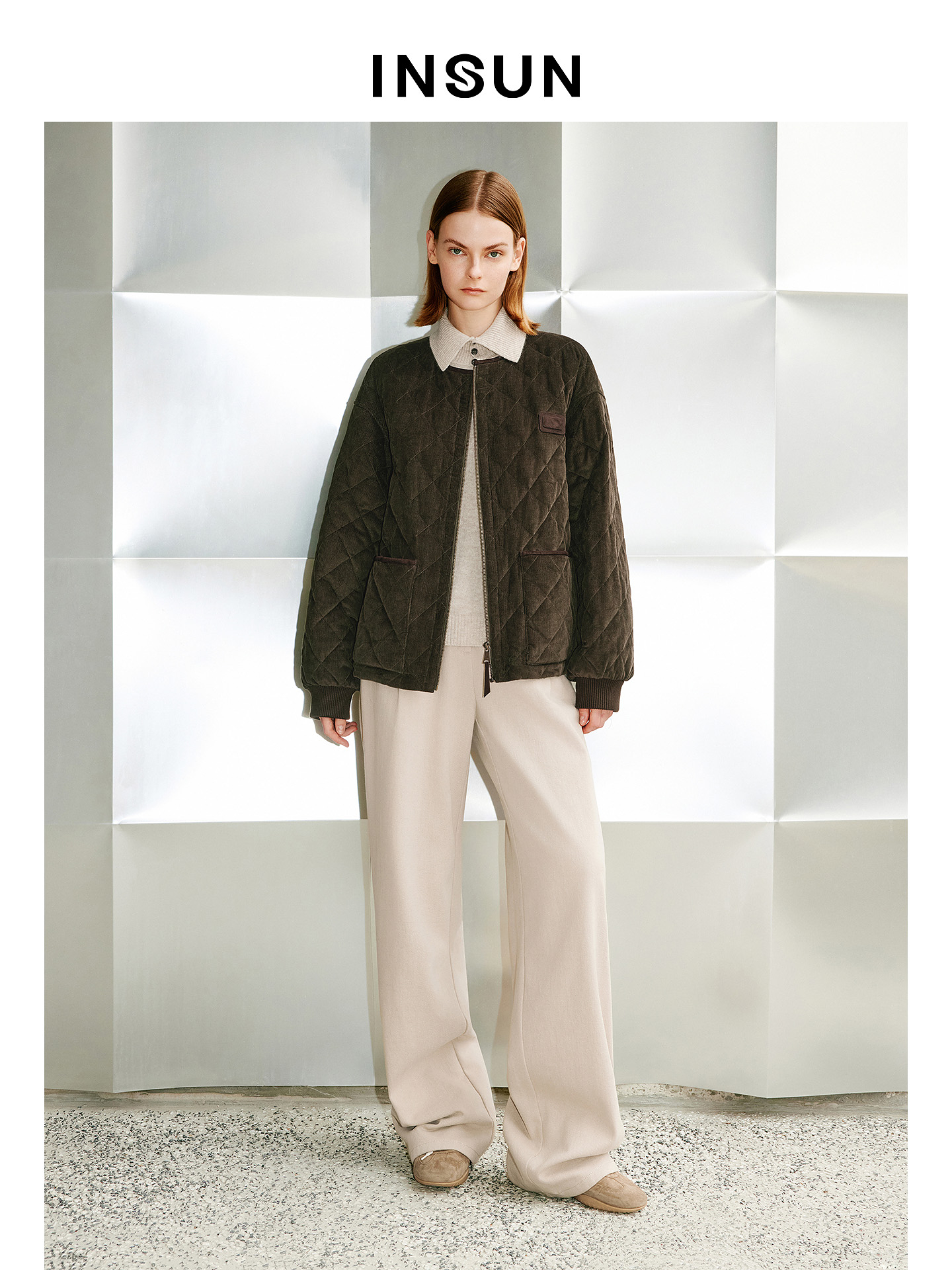 INSUN恩裳专选2026春季复古松弛感绒朵菱格短外套9C66108620