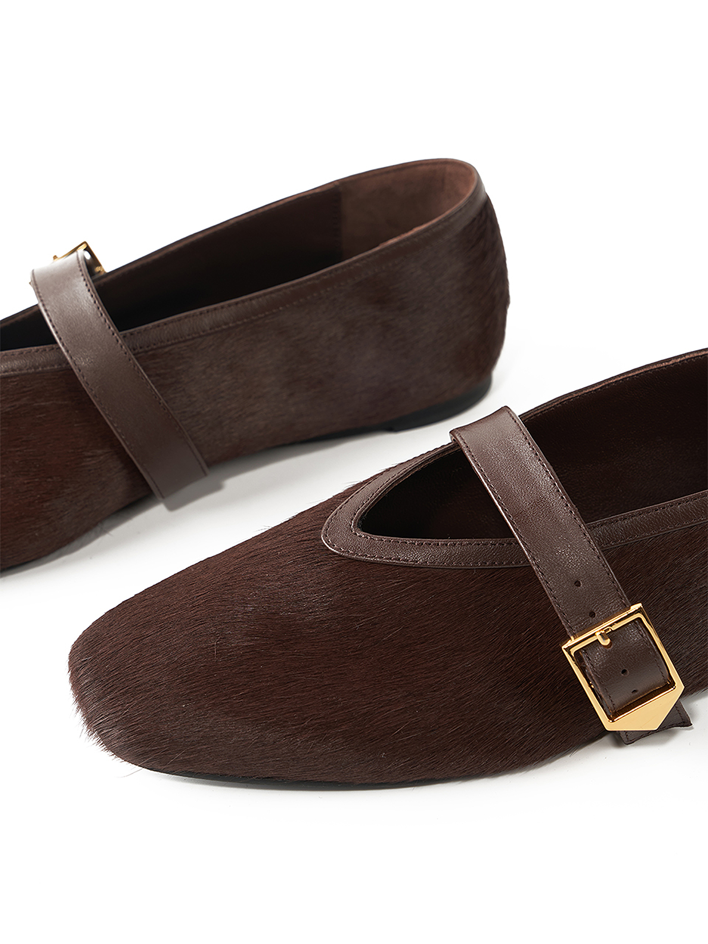 COVERINS2026新款深咖色马毛真皮平底单鞋女芭蕾舞鞋CC36192010