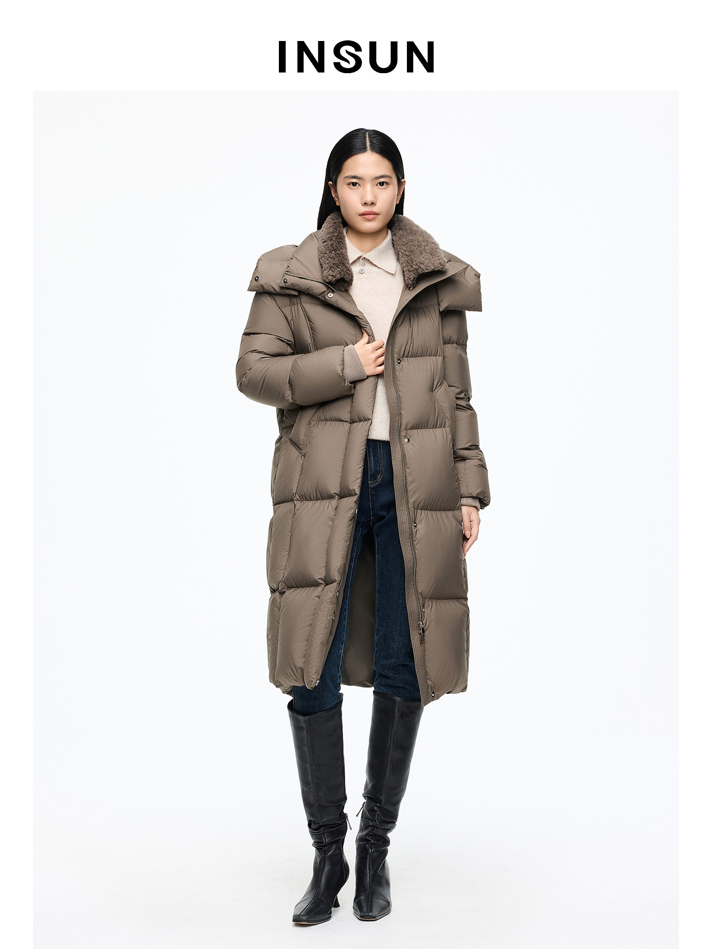 INSUN恩裳专选2026春季可脱卸帽子宽松型中长款羽绒服9C66108510