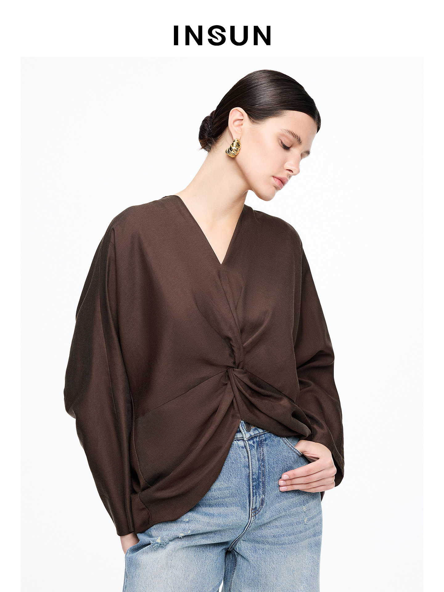 INSUN恩裳专选2026春季老钱风V领气质亚麻长袖衬衫9C66170070