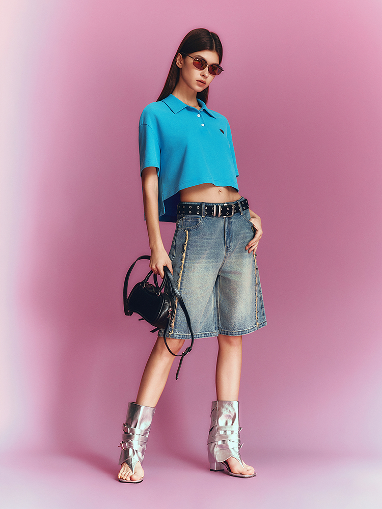SALT.P可颜 2026夏季新款亮蓝复古宽松短款POLO衫AC36260180