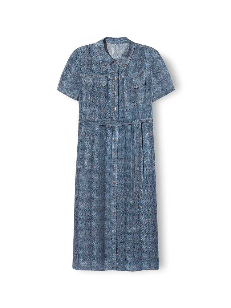 [真丝系列]Goodland美地女装2024夏季桑蚕丝牛仔色衬衫连衣裙LC64205020