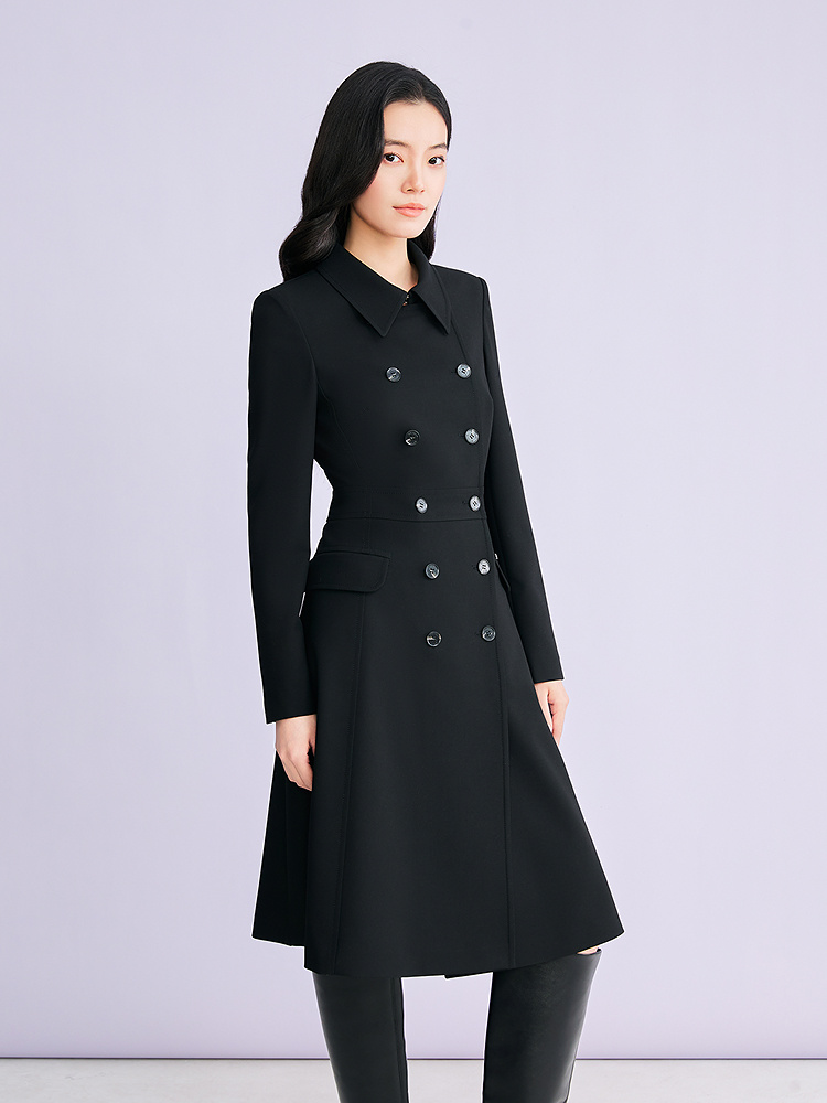 YINER音儿专选2026春季新款时尚赫本风廓形翻领双排扣收腰连衣裙8C66105136