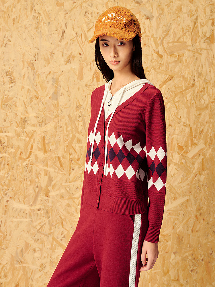 ToyzY24春菱格提花假两件酒红针织外套7C54106510