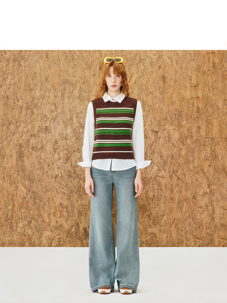 ToyzY2025冬季复古撞色条纹100%绵羊毛针织背心ZC35504010