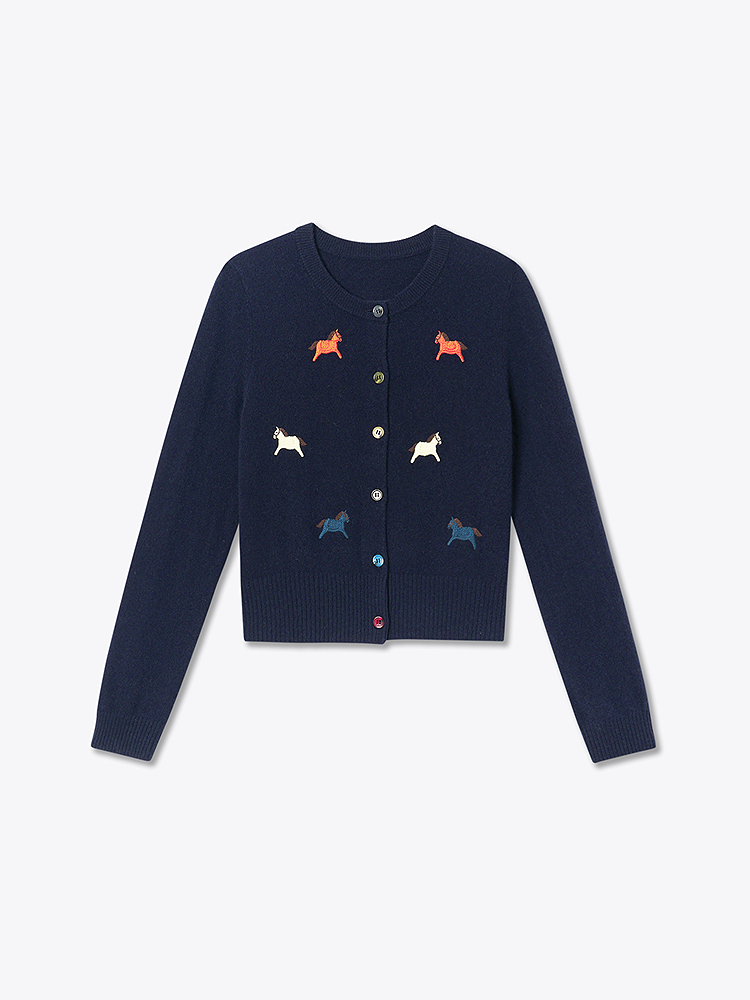 ToyzY2026春季新款彩色小马图案刺绣短款羊毛针织开衫ZC36106820