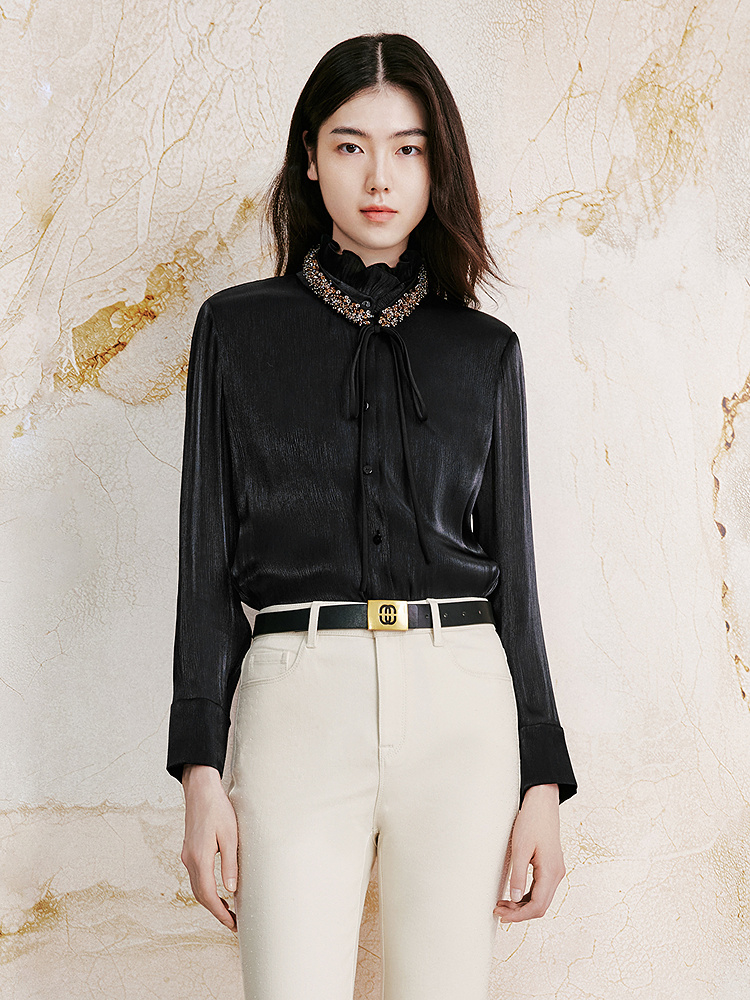 OBBLIGATO奥丽嘉朵2026秋季新款韩国进口水光纱荷叶领钉珠衬衫1C36330090