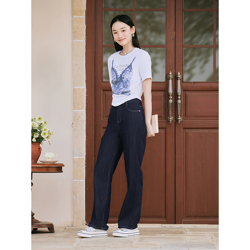 Goodland美地女装2025夏季纯棉印花短袖T恤正肩圆领LC35260610