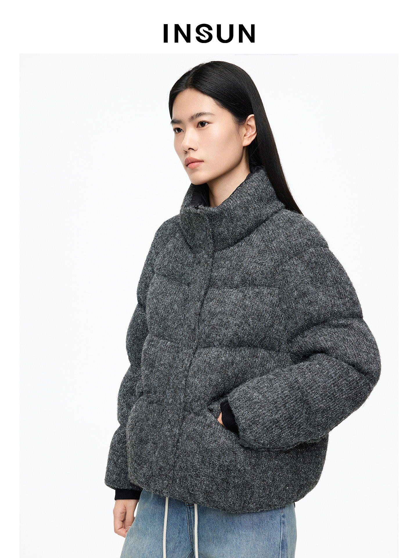 INSUN恩裳专选2026春季立领插肩袖肌理感短款羽绒服9C66108550