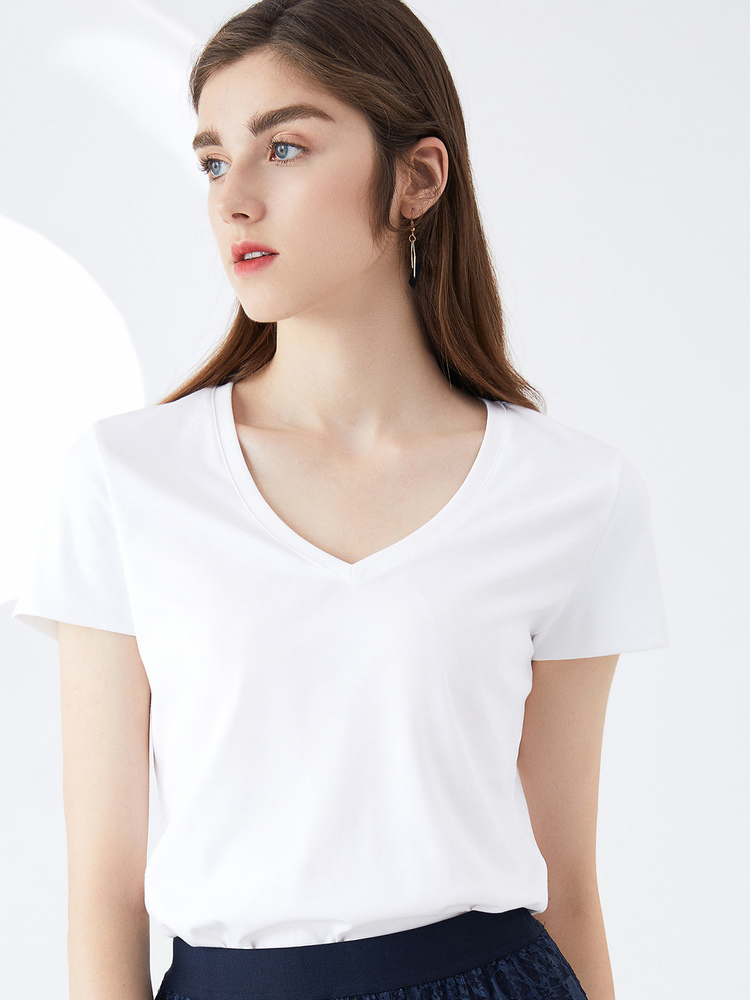 （已下架转渠道销售，勿拍）2019夏季v领短袖弹力修身短款时尚简约休闲纯棉T恤女