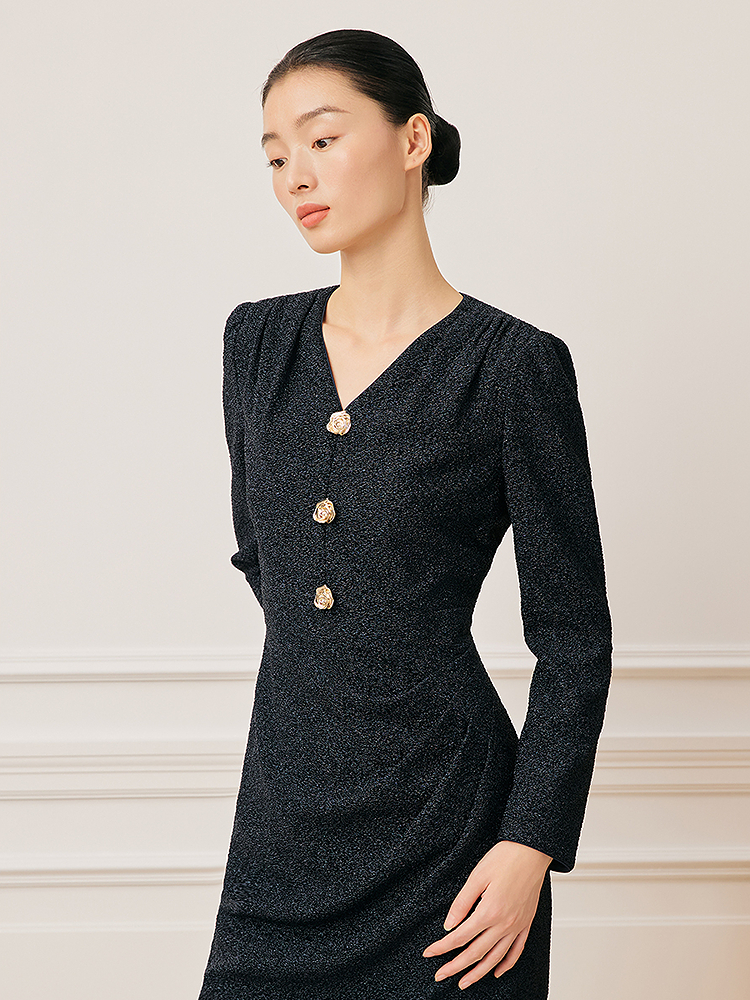 Song of Song歌中歌2026春季V领抽褶修身高端通勤连衣裙5C66105180