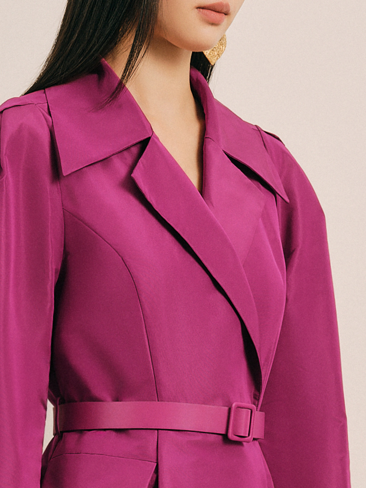 OBBLIGATO奥丽嘉朵2025春季金标樱桃红西装翻领收腰A摆廓形风衣1C35107040