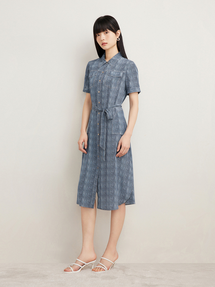 [真丝系列]Goodland美地女装2024夏季桑蚕丝牛仔色衬衫连衣裙LC64205020