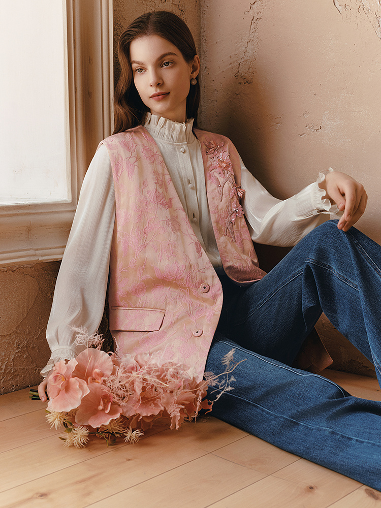 OBBLIGATO奥丽嘉朵2026春新款进口提花立体刺绣手工钉珠马甲棉袄1C36101530