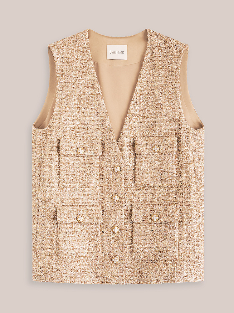 OBBLIGATO奥丽嘉朵2026春新款桑蚕丝内衬金色粗花呢v领小香风马甲1C36101040