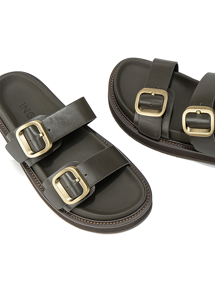 INSUN恩裳2025夏季复古休闲金属扣厚底凉拖9C35292050
