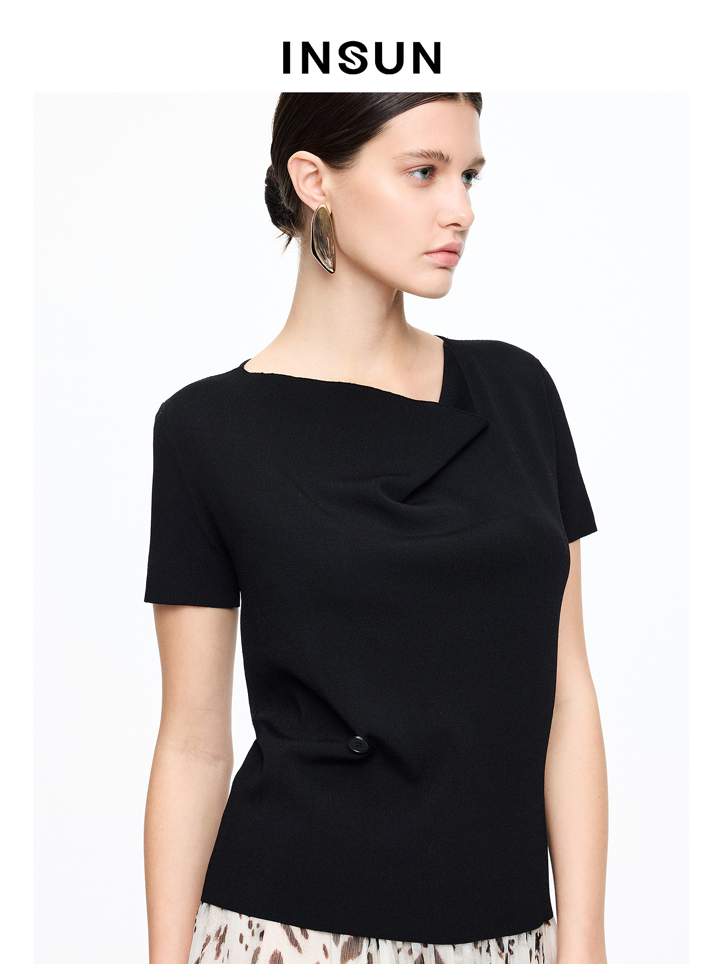 INSUN恩裳专选2026夏季荡领修身显瘦高弹短袖毛针织衫9C66206060