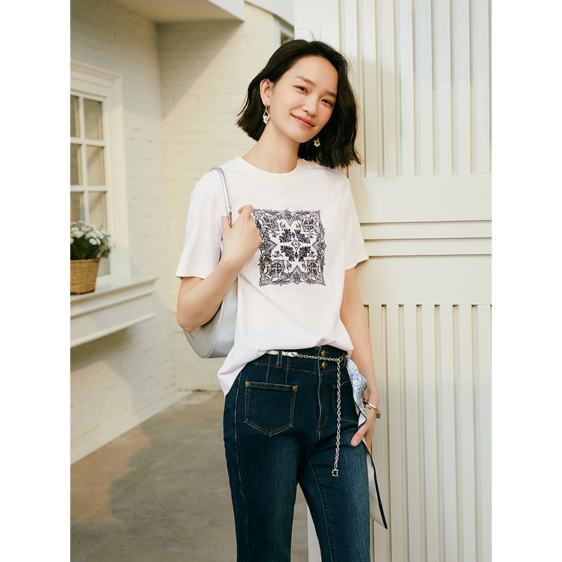 Goodland美地2025夏季100%棉法式佩利丝花绣花H型针织T恤女LC35260570