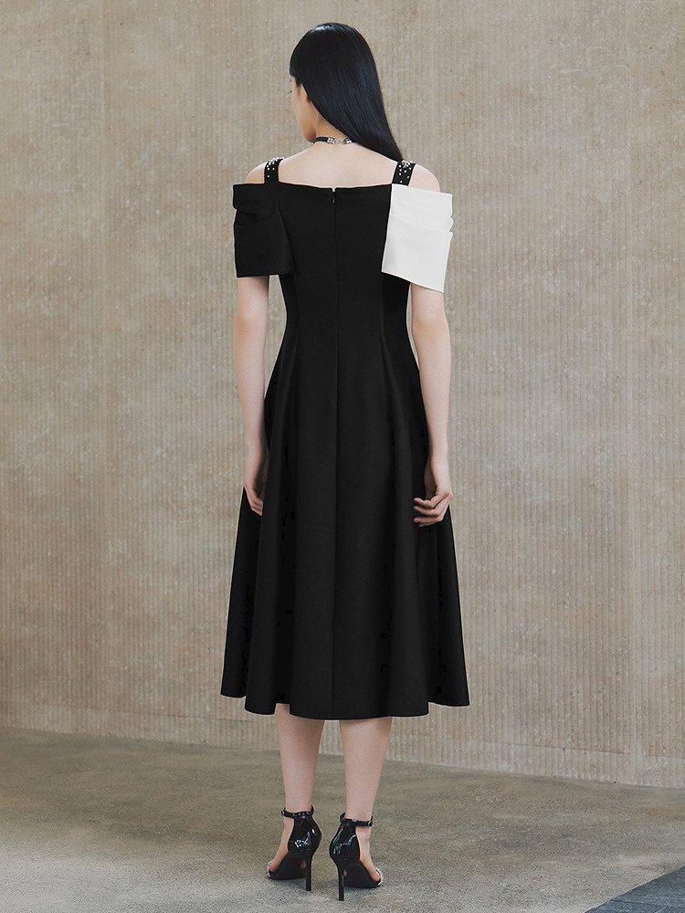 OBBLIGATO奥丽嘉朵2026夏季新款醋酸拼接撞色钉珠收腰场合连衣裙1C66205370