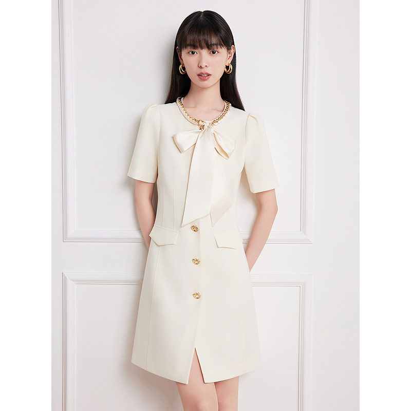 Goodland美地女装2025夏季名媛千金风蝴蝶结醋酸连衣裙短款LC35205930