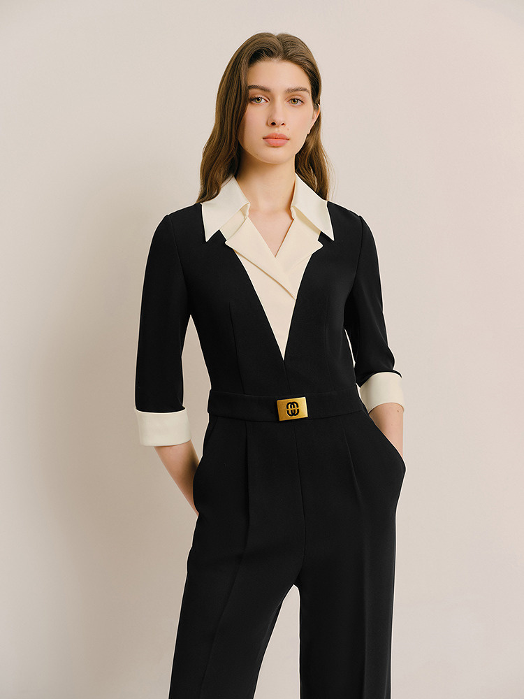 OBBLIGATO奥丽嘉朵2025夏季新品黑色经典撞色拼接连体裤1C65202200