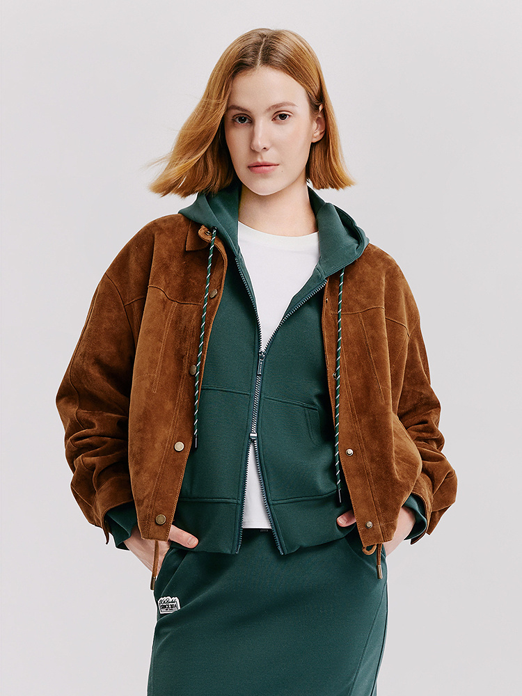 XII BASKET十二篮26春新款复古经典设计时尚棕色翻领羊皮短款夹克7C36109010