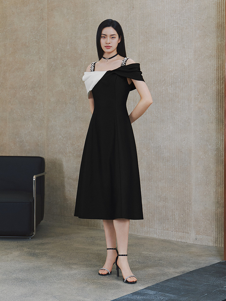 OBBLIGATO奥丽嘉朵2026夏季新款醋酸拼接撞色钉珠收腰场合连衣裙1C66205370
