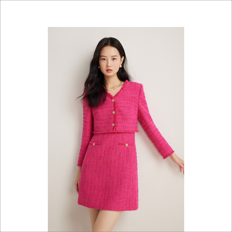 Goodland美地女装2024春季小香粗花呢假两件连衣裙LC34105030