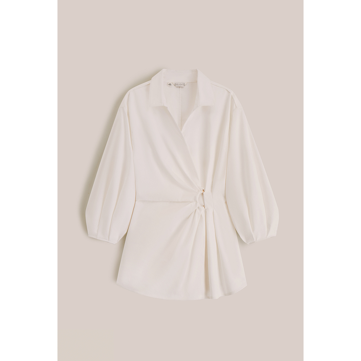 OBBLIGATO奥丽嘉朵2025秋季新品斜纹棉尖领金属扣环褶皱本白衬衫1C35330070