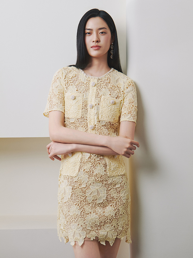 OBBLIGATO奥丽嘉朵2026夏季新款水溶蕾丝钉珠收腰小香风连衣裙1C66205390