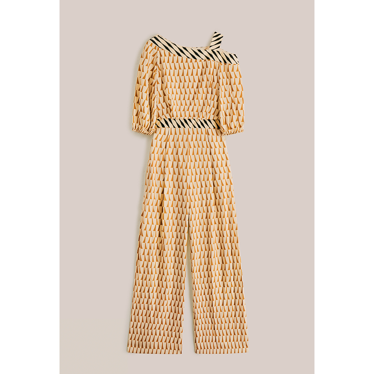 OBBLIGATO奥丽嘉朵2025秋季新品弹力斜纹绸撞色几何印花连体裤1C35302010